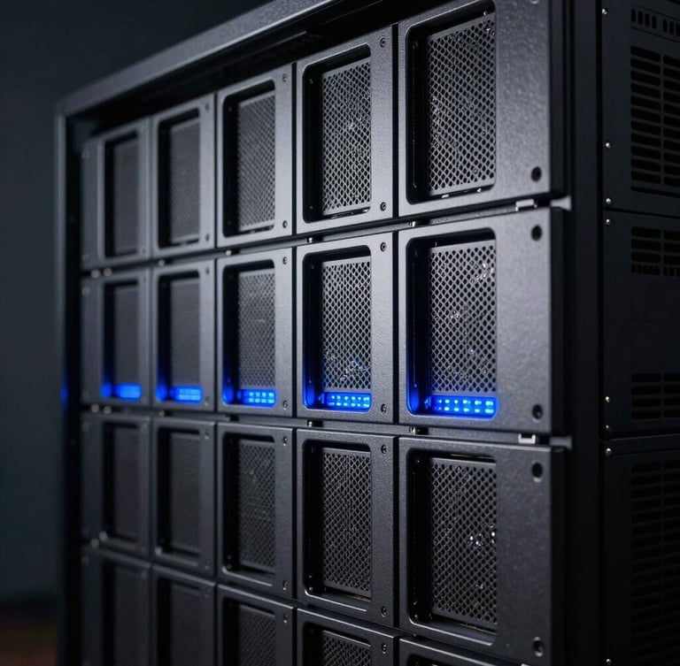 Macro photography of high-performance server rack architecture, sharp directional blue key light, dark brushed steel, sleek editorial technology photography, 35mm lens.
