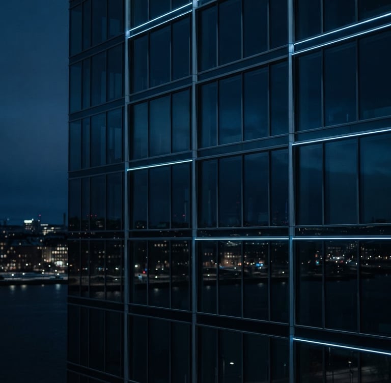 Sleek architectural crop of Stockholm modern glass facade reflecting low-key cool blue ambient light, minimalist composition, 35mm lens