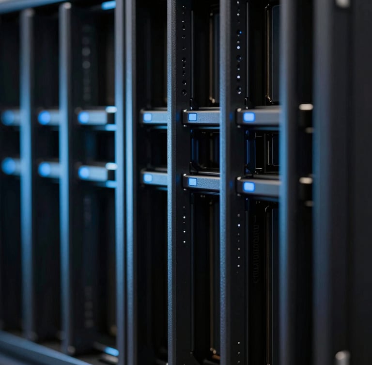 Sleek editorial technology photography, abstract macro shot of server hardware and glass reflections, cool ambient light with sharp blue key lights, 35mm lens