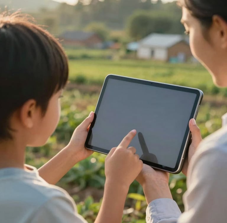 Close-up shot of hands of a local teacher and a child pointing at a modern digital tablet screen, warm outdoor golden hour lighting, green foliage of a rural community in the background, highly authentic.
