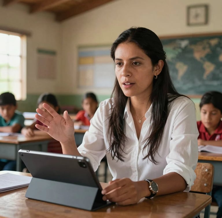 Wide environmental portrait of a rural teacher in Latin America gesturing towards a modern tablet, warm natural morning light, classroom background with children visible but softly out of focus
