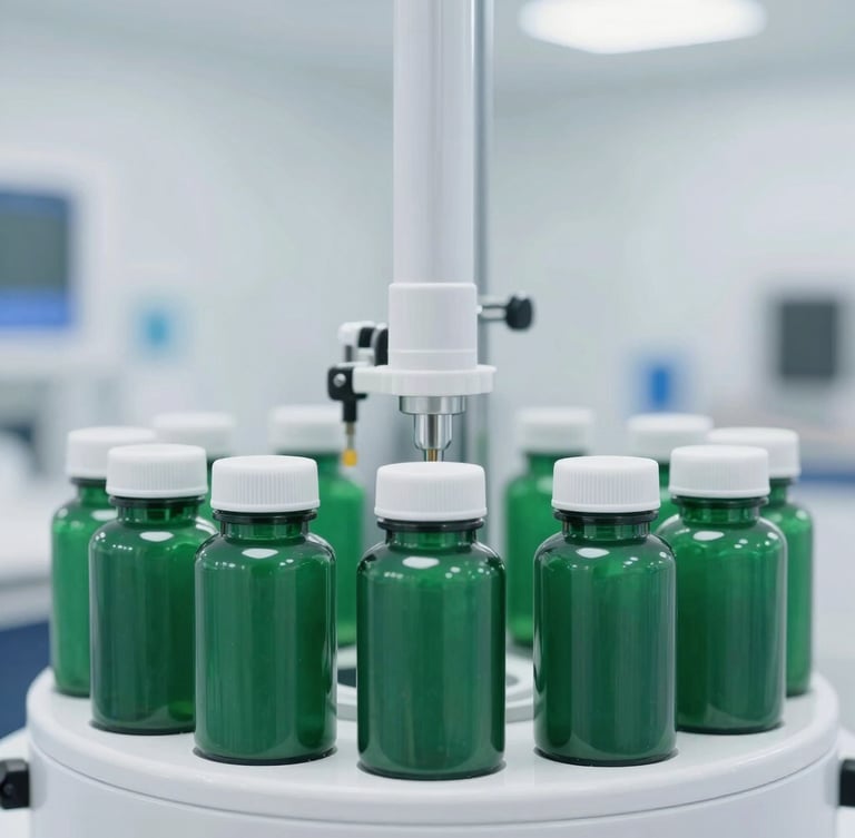 Straight-on medium shot of an automated bottling line sealing emerald green supplement bottles, bright clinical white lighting, sterile environment