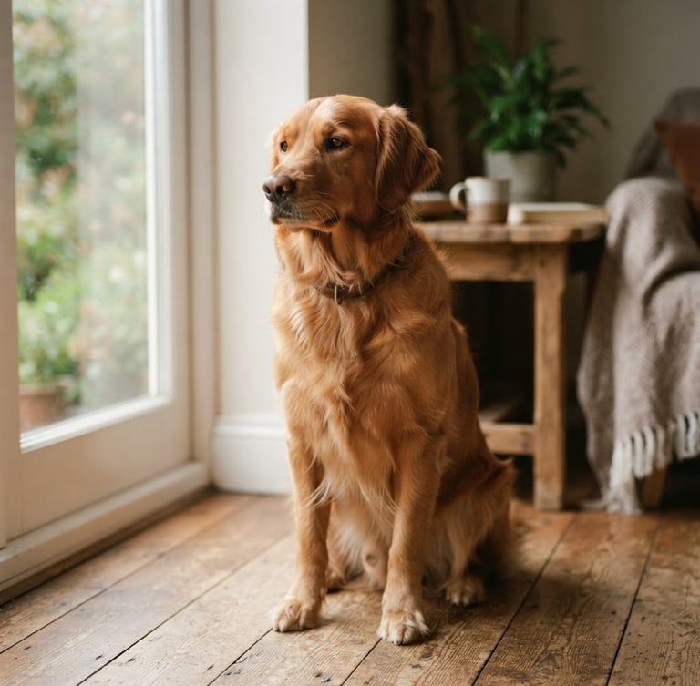 A calm golden retriever sitting peacefully in soft, diffused natural window light, warm editorial photography, shallow depth of field, 35mm