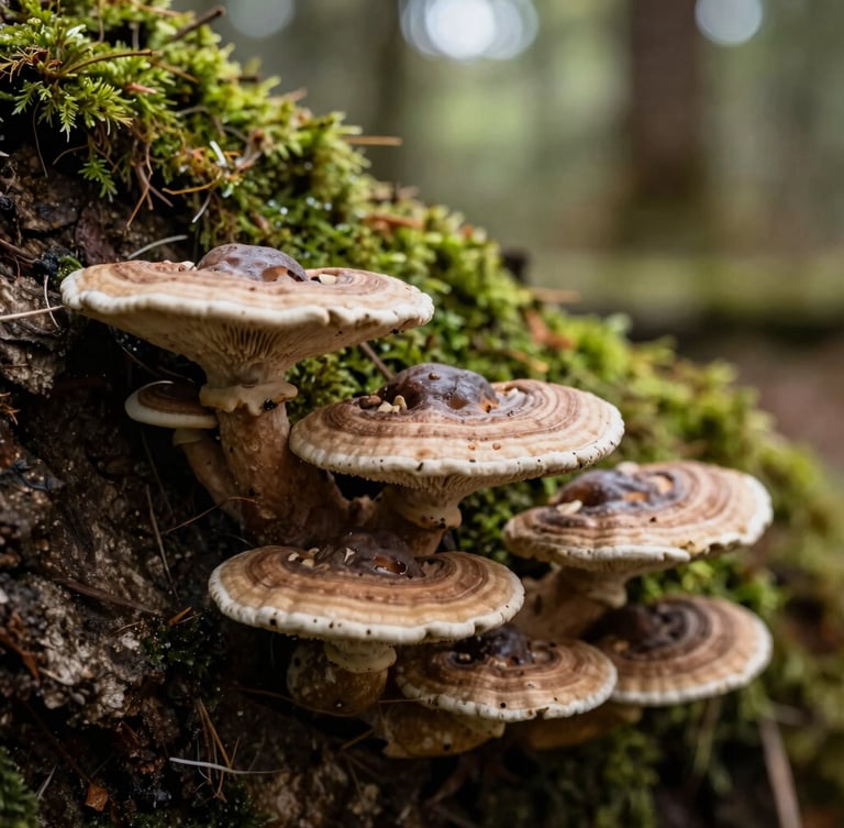 Macro photography of textured reishi mushrooms growing naturally on a mossy tree trunk in a deep forest, soft diffused morning light, earthy forest tones, 35mm