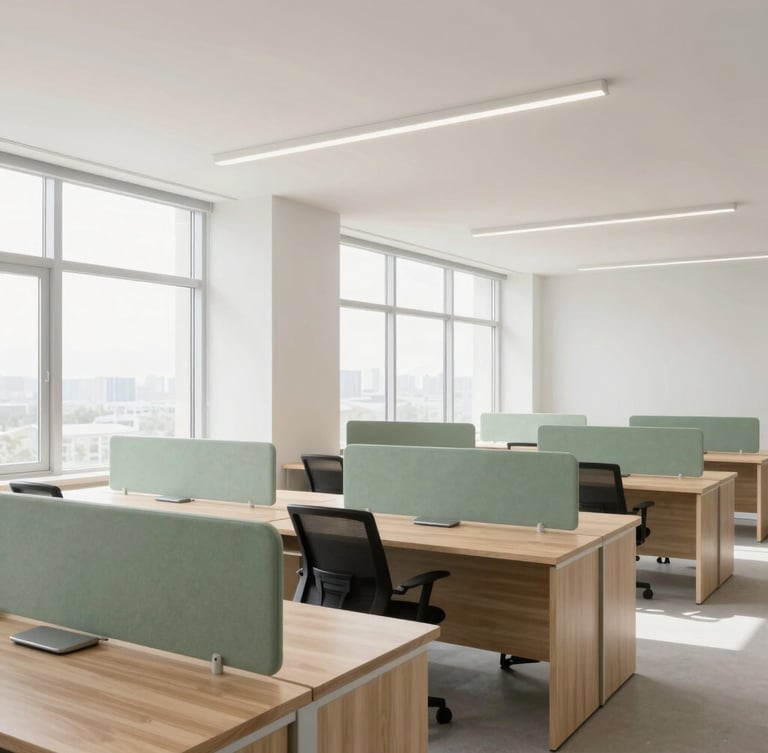 Minimalist architectural photography of a bright modern office workspace with clean wooden desks, green sage accents, daylight pouring through large windows, 35mm