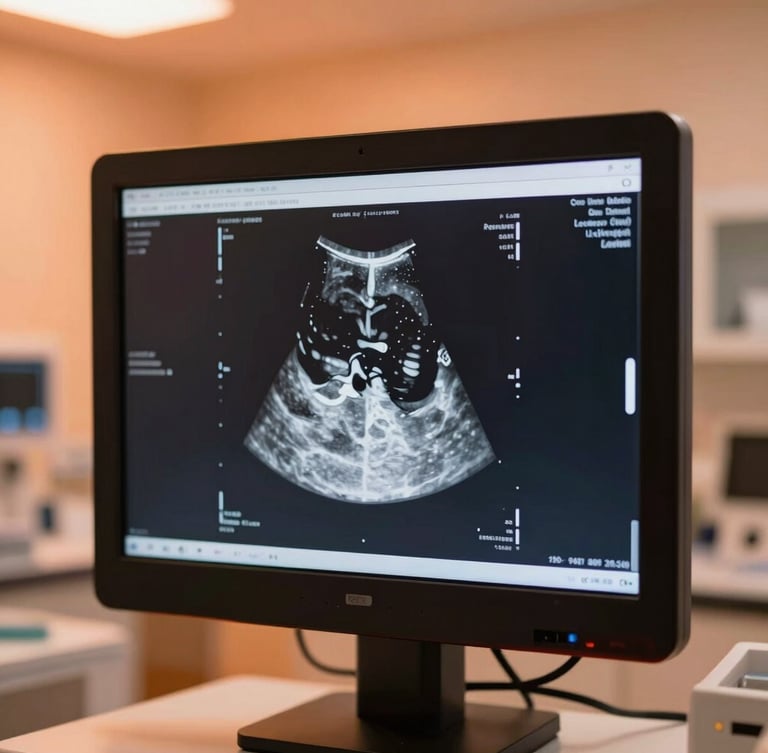 A close-up of a high-resolution medical imaging screen displaying clear diagnostic results, warm orange ambient lighting in a professional laboratory, 35mm