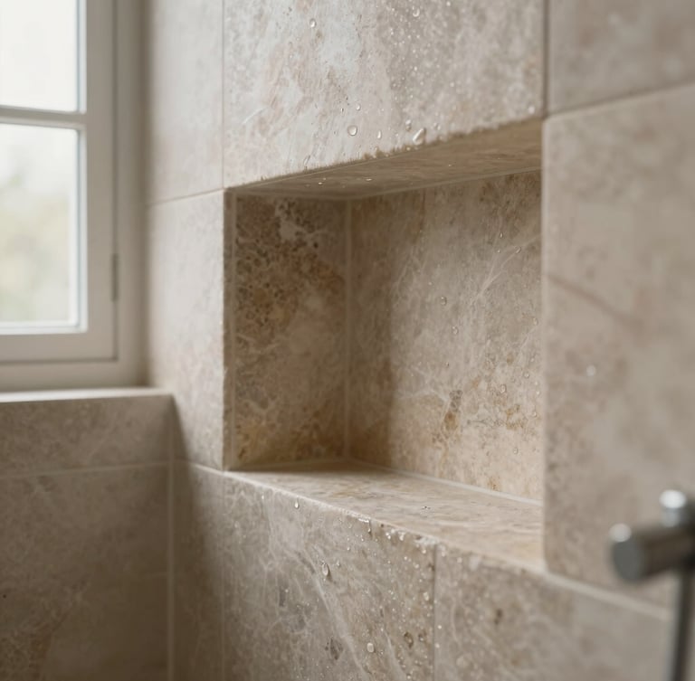 Tight tactile detail shot of a custom stone shower niche, flawless tile alignment, water droplets on natural stone, soft natural window light, muted earthy tones, sharp focus