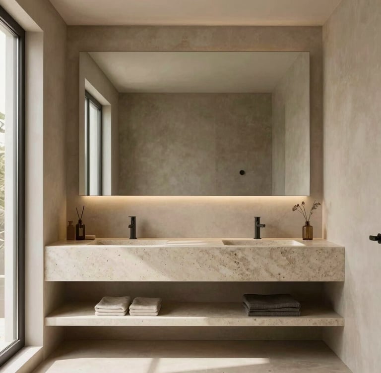 Straight-on architectural elevation of a luxurious minimalist bathroom with a custom floating travertine vanity, soft natural daylight streaming through a side window, warm earthy tones, 35mm lens, sharp focus