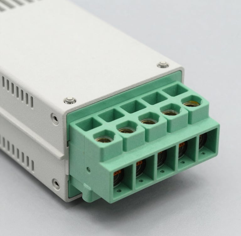 High-resolution macro shot of a variable frequency drive terminal block, clean gray background, bright studio lighting, sharp technical details