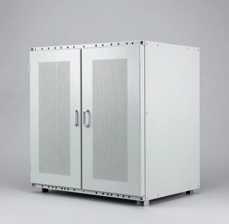 Sharp straight-on industrial product photography of a heavy-duty variable frequency drive cabinet, bright neutral studio lighting, clean gray background, 50mm