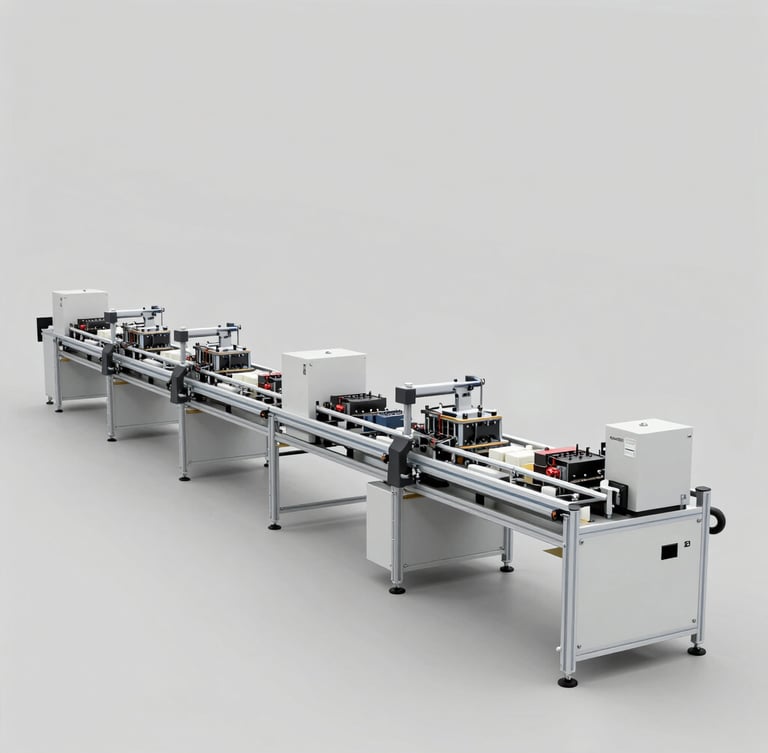 Wide-angle technical photograph of a clean, brightly lit industrial factory floor, automated assembly lines for electrical components, neutral daylight, sharp details