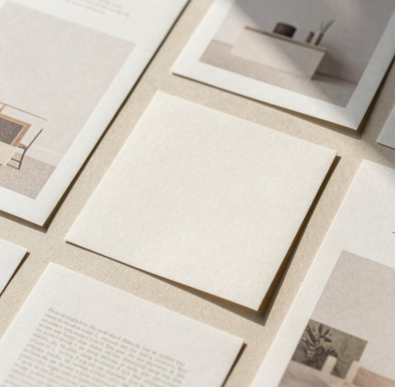 Flat-lay composition of physical marketing collateral, editorial print layouts on warm textured paper, soft natural shadows, minimalist aesthetic