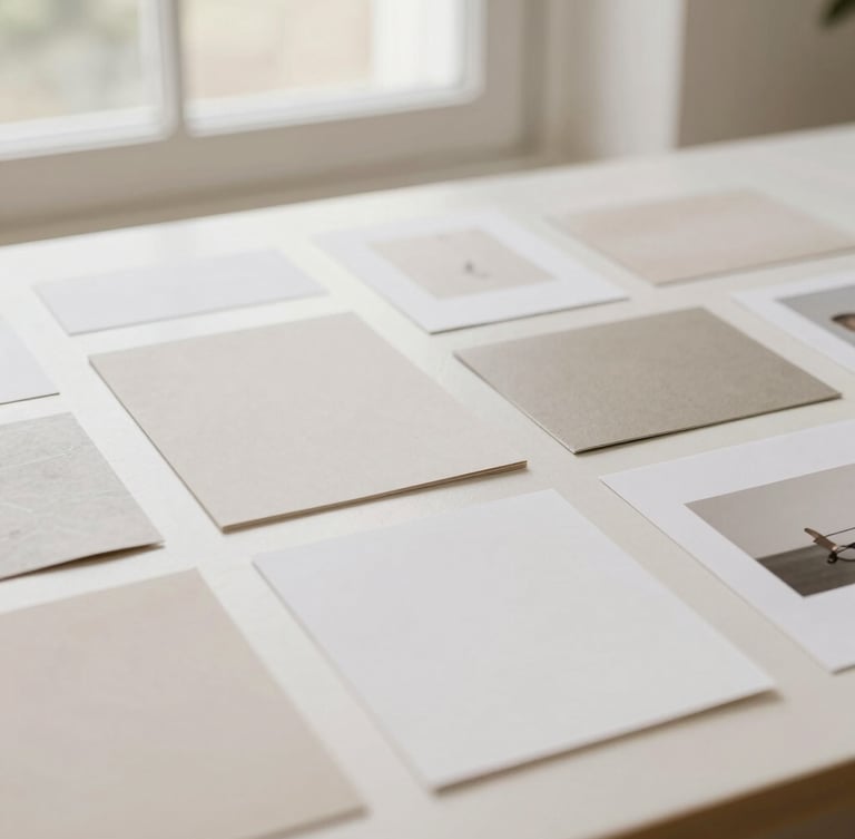 A flat-lay composition of physical marketing collateral, clean editorial layouts, soft natural window light, warm desaturated tones.