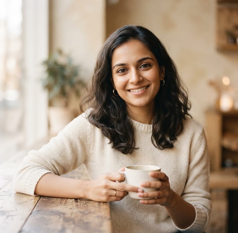 A professional, relaxed portrait of Nidhi Soni in soft, diffused natural daylight, warm cream tones, shallow depth of field, minimalist editorial style.