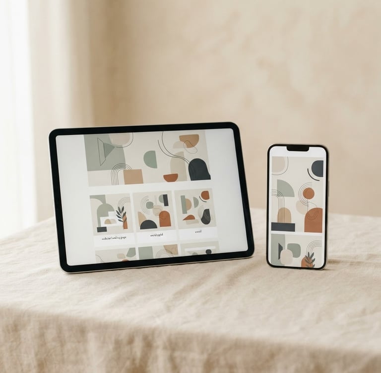 Clean digital mockup of a multi-channel marketing campaign displayed on a tablet and smartphone, soft diffused natural daylight, warm cream background, minimalist layout