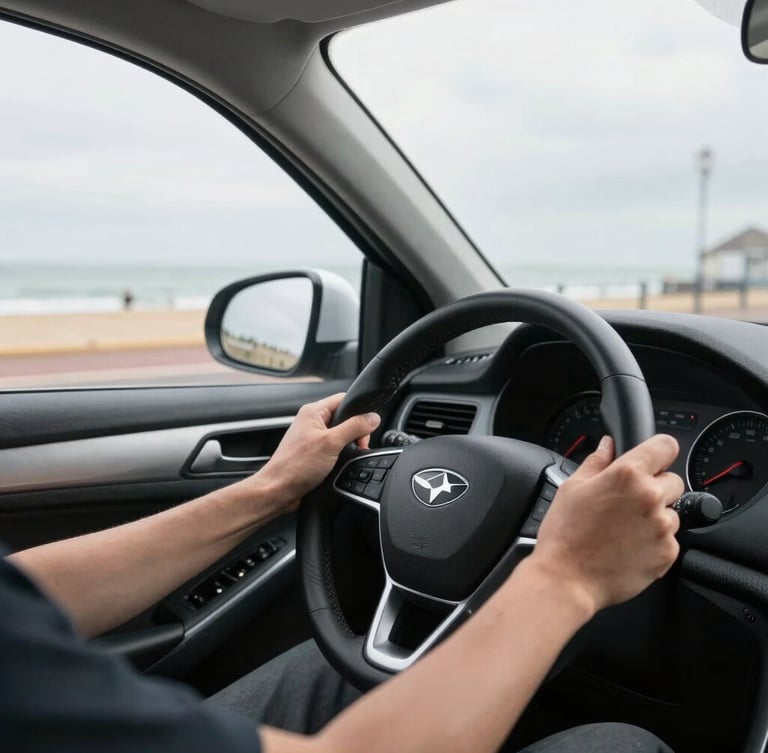 Close-up of a driver's hands on a steering wheel of a clean modern car, soft coastal overcast light filtering through the windshield, Southsea seafront visible in background