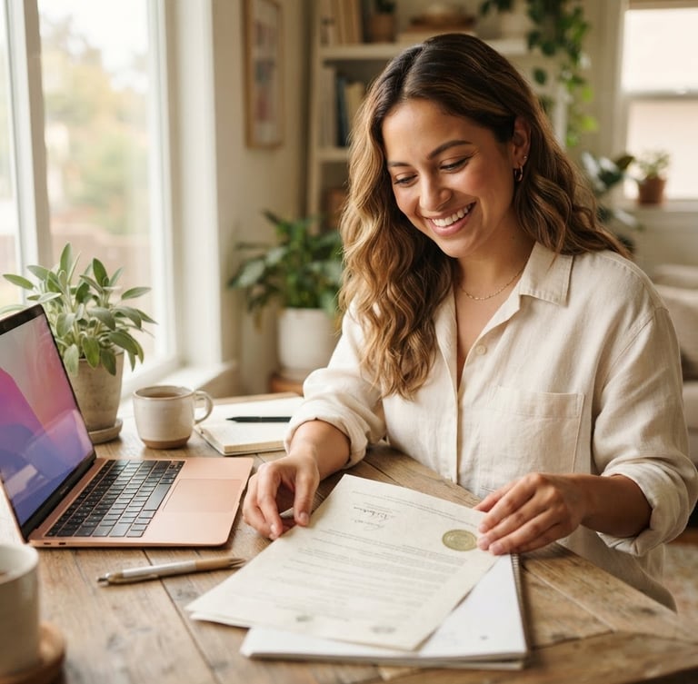 Una persona sonriendo y relajada, revisando documentos en un escritorio ordenado con luz natural cálida, un portátil abierto y papeles oficiales. Enfoque en las manos y la expresión de alivio.