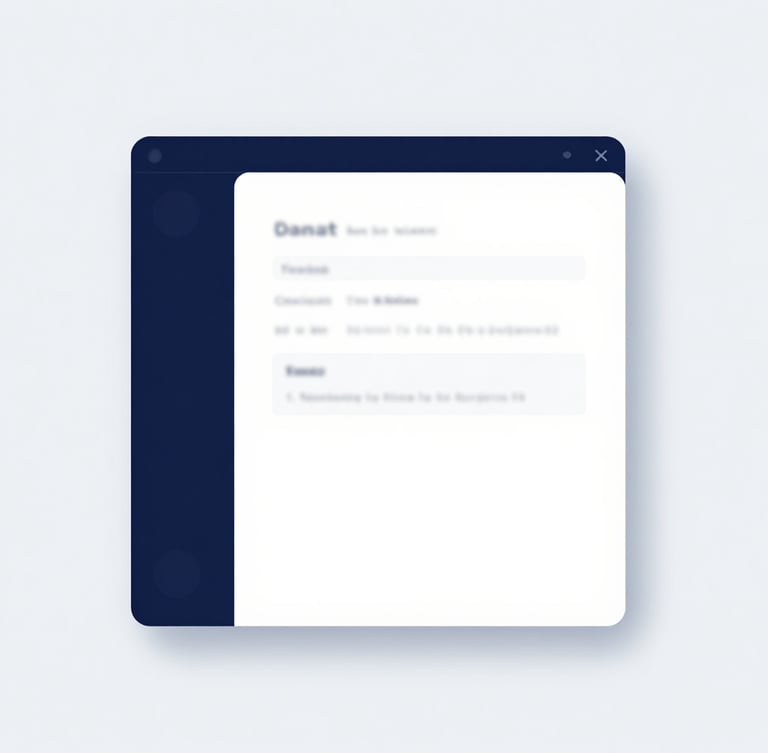 Minimalist software UI render showing structured legal document fields, bright clean studio light, corporate navy and white tones, sharp focus, no people.