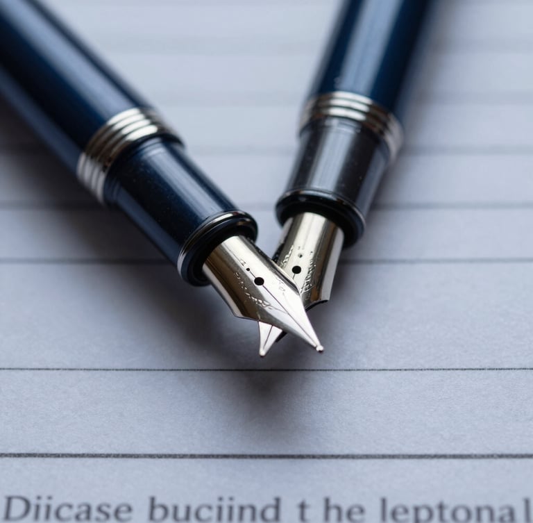 Macro close-up of a high-end fountain pen resting on a structured financial contract, cool diffused daylight, deep navy and slate tones, sharp focus, 50mm lens