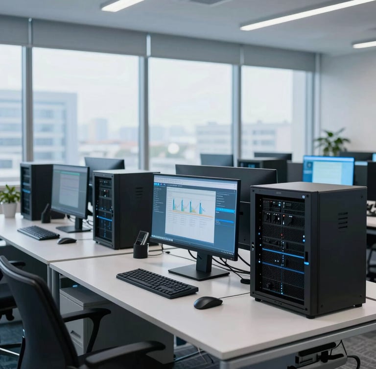 Professional corporate photography of a modern Noida IT workspace, cool office daylight with subtle blue accents, clean server racks and monitors in sharp focus, 50mm