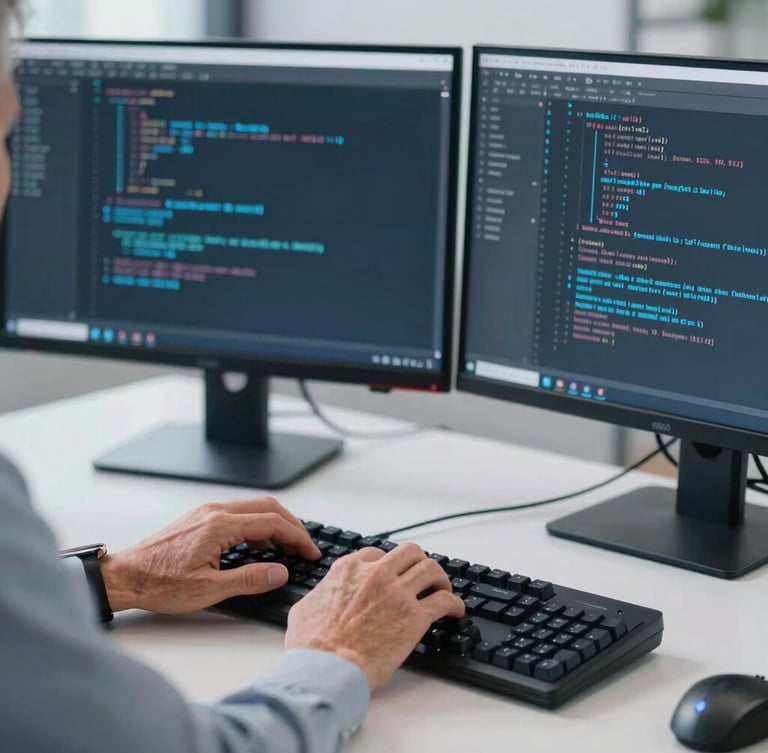 Close-up of a senior engineer's hands typing code on a mechanical keyboard, dual monitors displaying network architecture diagrams with subtle blue ambient light, sharp focus