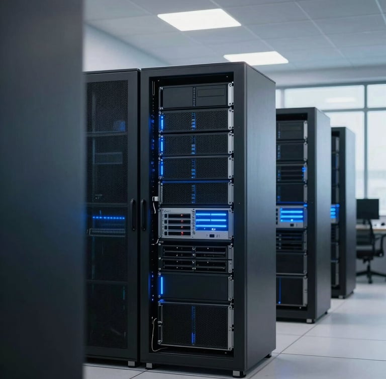 A clean modern server room with organized blue-lit server racks, sharp focus, cool office daylight, professional corporate photography
