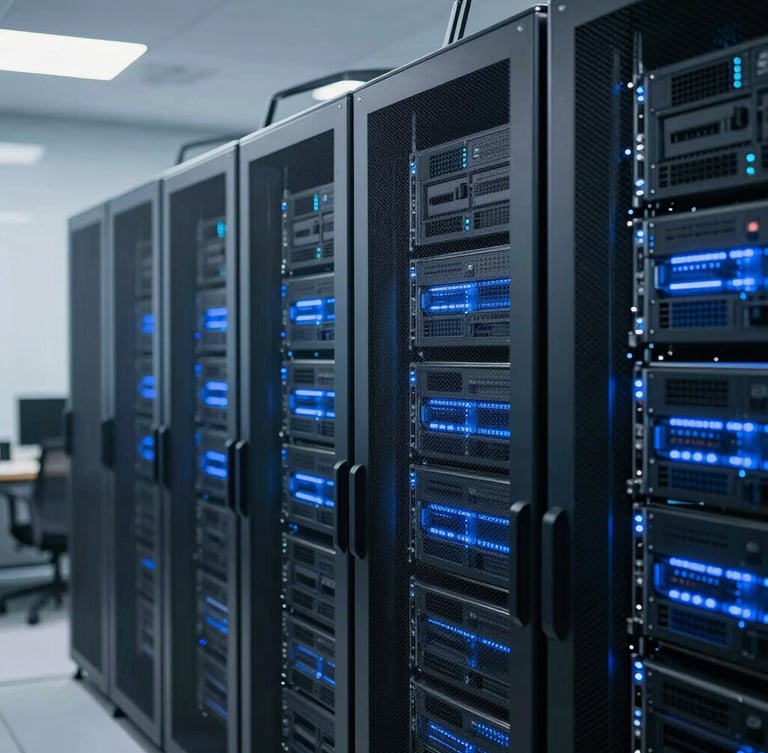 Medium close-up of organized blue-lit server racks inside a modern Noida data center, cool-toned office daylight, sharp focus, 50mm
