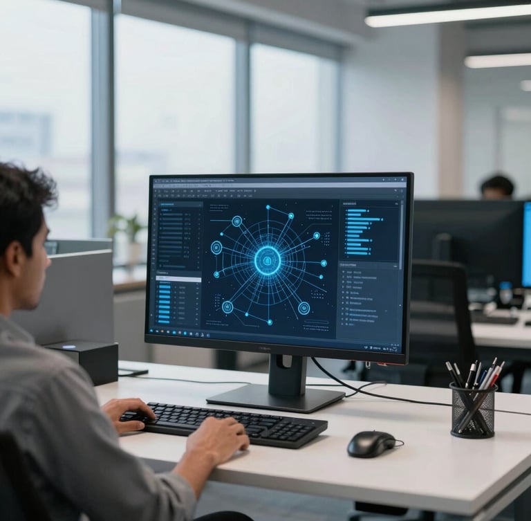 A clean modern IT workspace in Noida, cool office daylight with subtle blue accents, an engineer analyzing network architecture on a vertical monitor, sharp focus, 50mm