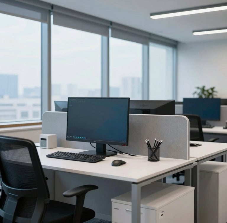 Professional corporate photography of a clean modern tech workspace in Noida, cool office daylight with subtle blue accents, sharp focus, 50mm