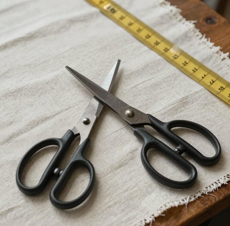 A close-up overhead shot of a pattern-making table with heavy linen fabric, fabric shears, and a brass measuring tape under soft diffused daylight.