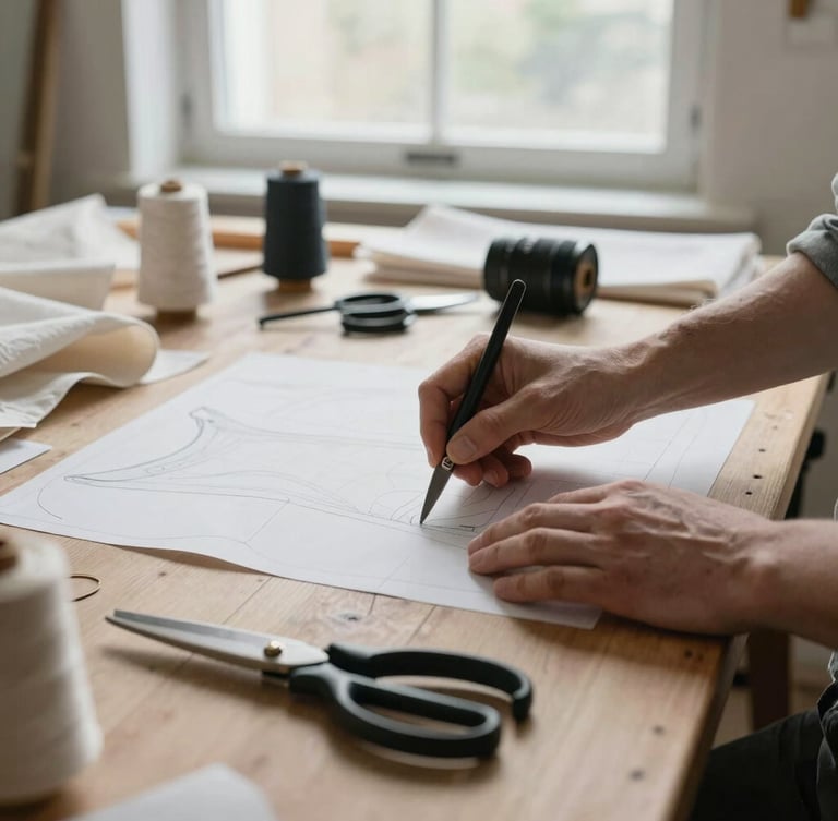 A close-up of hands drafting a garment pattern on a wooden work table in the Annandale studio, natural overcast light from a nearby window, shears and raw linen fabric visible.