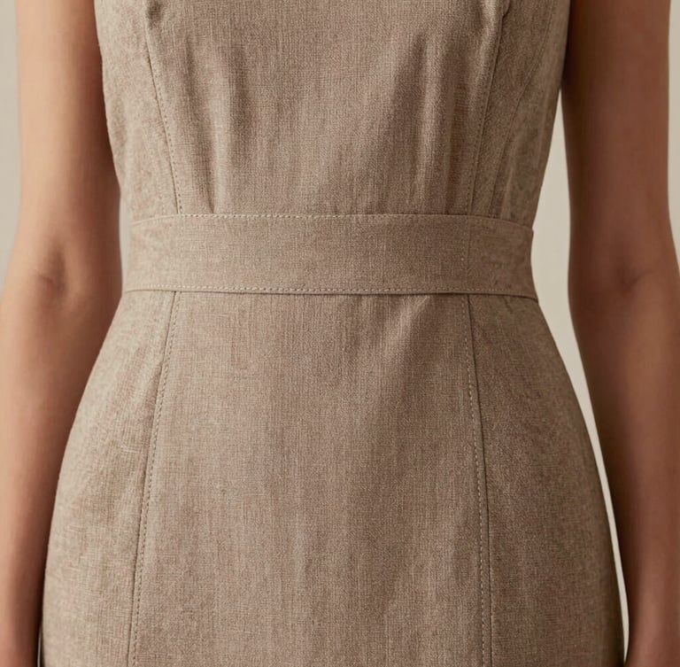 A close-up of a contemporary structured linen dress in warm taupe, worn by a model in soft architectural light, showing the clean tailoring and stitch-level integrity