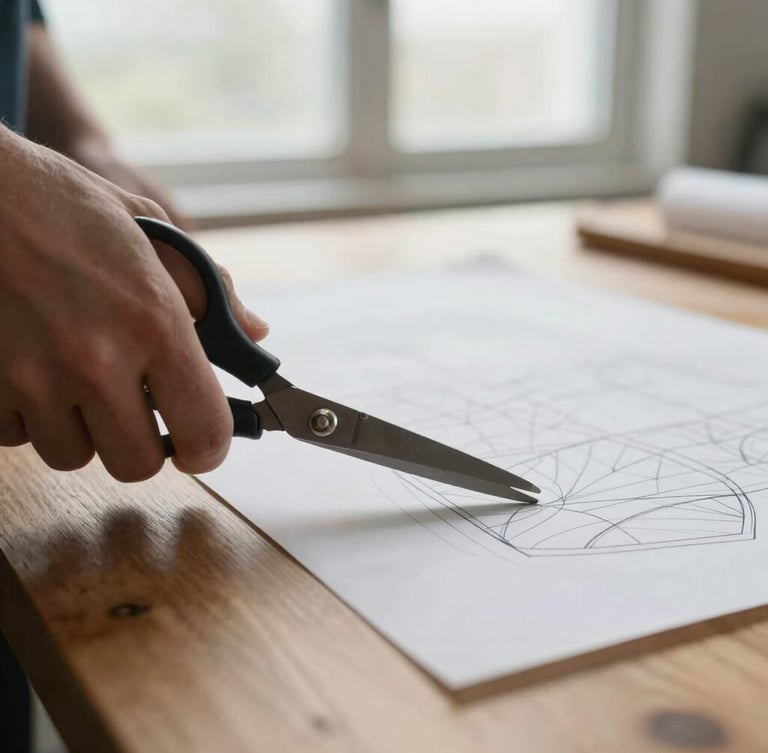 Close-up of hands drafting a pattern with heavy shears on a warm wooden table, soft overcast daylight from a nearby window, focus on the fabric texture