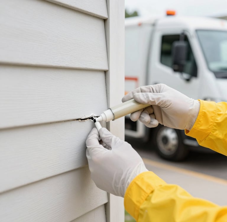 Close-up of a professional pest control technician's gloved hands applying sealant to a small crack in a home's exterior foundation, with a modern service truck visible subtly in the background. Bright, high-visibility utility lighting.