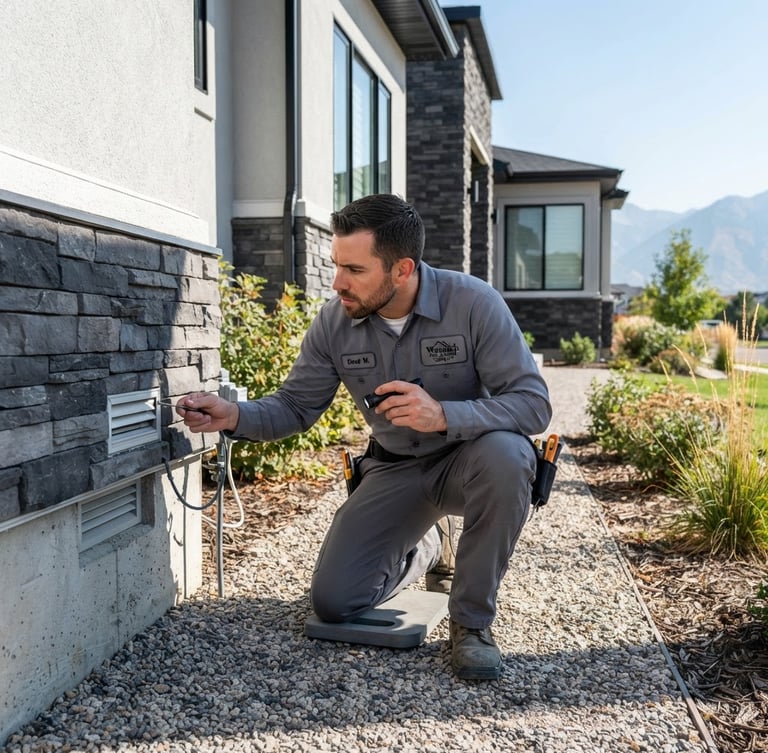 Professional pest control technician in a clean uniform, inspecting the exterior foundation of a modern residential home in Ogden, Utah, under bright natural daylight. Focus on the technician's focused expression and the home's structure.