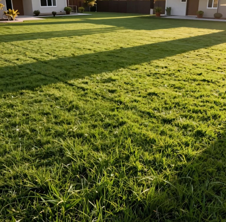 Eye-level shot of a clean, flat residential land plot ready for construction, vibrant green grass, soft afternoon sunlight casting long gentle shadows, professional architectural framing.