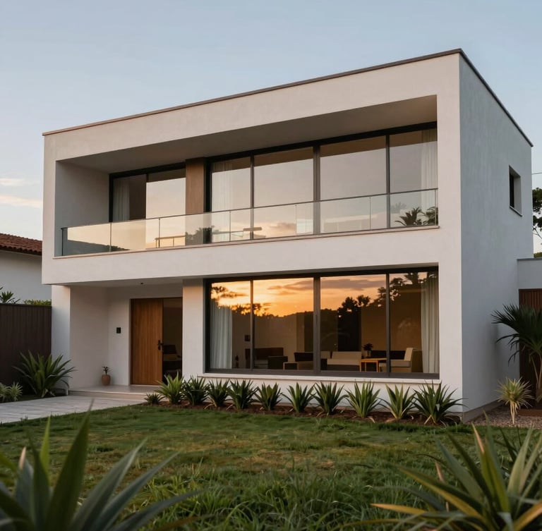 Fachada de casa contemporânea de médio padrão com linhas limpas, grandes janelas de vidro refletindo o entardecer e jardim frontal minimalista