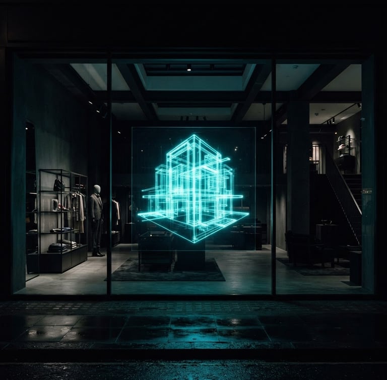 Wide architectural shot of a luxury retail showroom with a large 3D holographic glass LED film display seamlessly integrated into a window, low-key ambient lighting, high-contrast neon cyan projection, straight-on angle, deep obsidian tones.