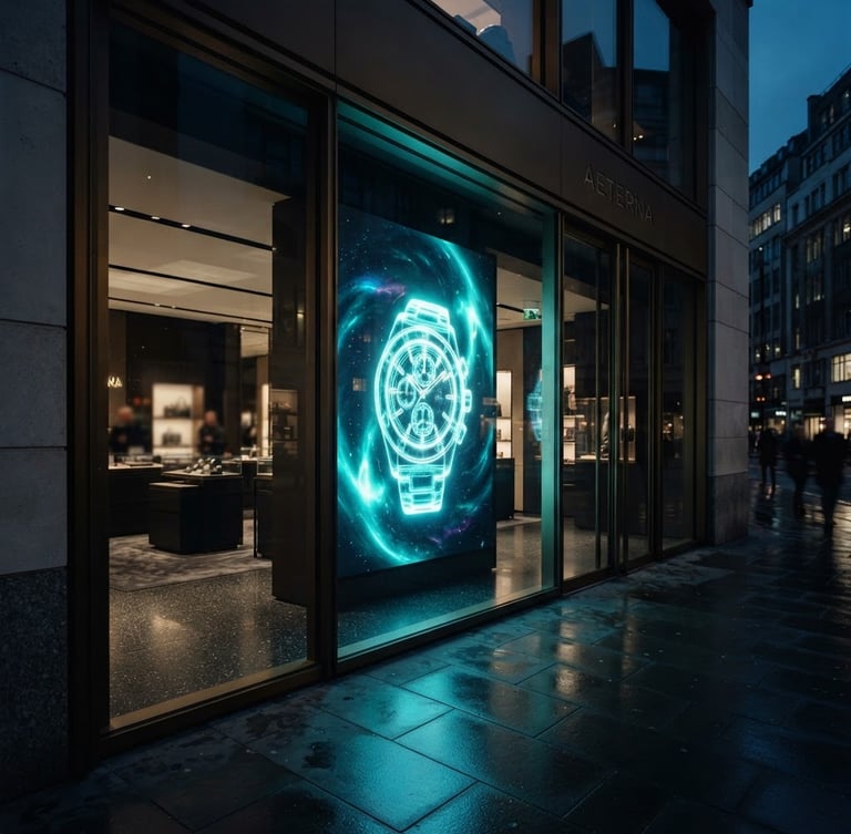 Wide shot of a luxury retail storefront at dusk, showcasing a large glass LED film display actively projecting a vibrant 3D holographic product advertisement, casting neon cyan light onto the polished floor. The film is integrated seamlessly into the modern glass facade, with minimal visible hardware. Low-key ambient lighting, high-contrast luminous projections, deep obsidian and cyan tones, 35mm.
