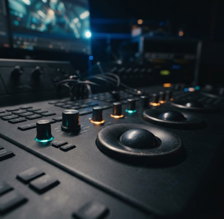Cinematic macro close-up of a high-end VFX grading console, glowing teal and amber dials, shallow depth of field, anamorphic lens flare, dark post-production suite background.