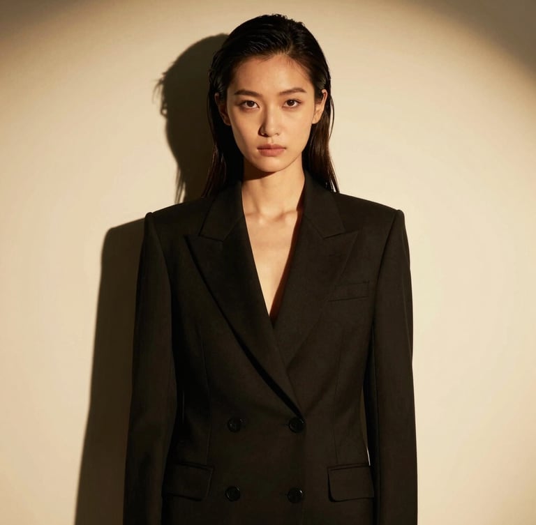 High-contrast portrait of a model in a structured black blazer, warm golden studio lighting, dramatic shadow, vertical 3:4 portrait crop.