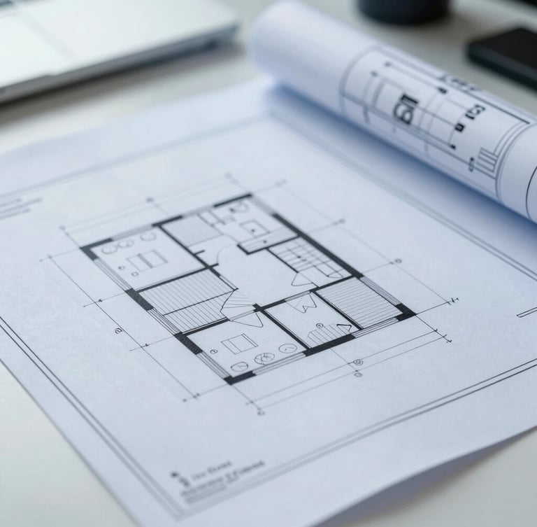 Close-up of structured architectural blueprints on an office desk, cool blue undertones, sharp focus, 35mm lens