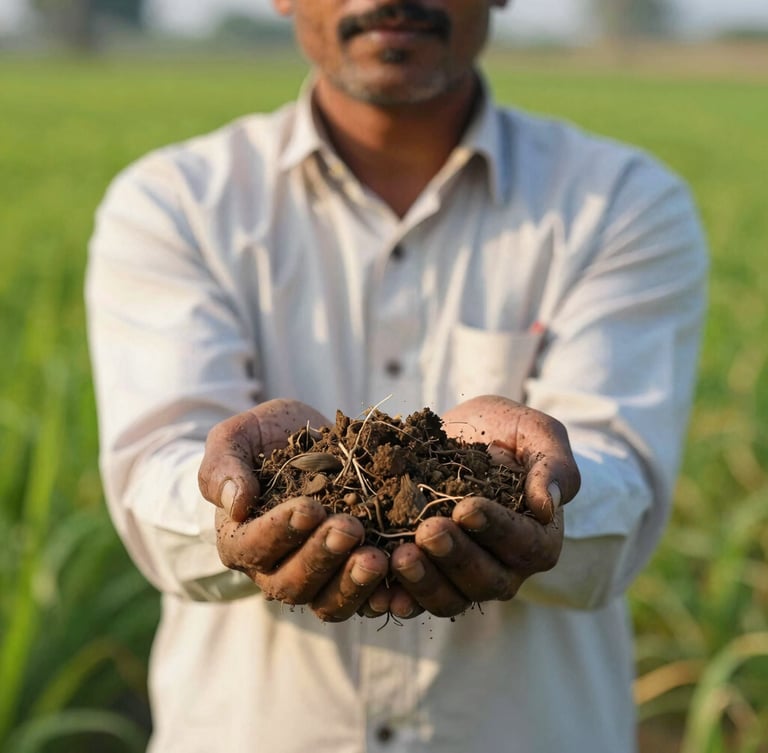 A close-up shot of a Bihari farmer in a lush green field in Siwan, holding rich organic soil in his hands, warm daylight, authentic local agriculture, 35mm lens