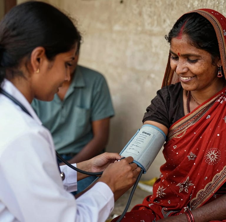 Close-up shot of a female doctor taking the blood pressure of a rural woman in Siwan, warm natural lighting, smiling faces, authentic community healthcare setting