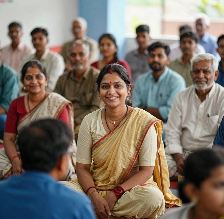 A warm editorial photo of a community gathering in Siwan, Bihar, with smiling local residents participating in an empowerment workshop, natural daylight, soft blue accents.