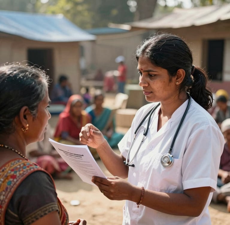 A close-up editorial photograph of a female healthcare worker in Bihar explaining patient safety guidelines to rural women in a sunlit outdoor community camp.