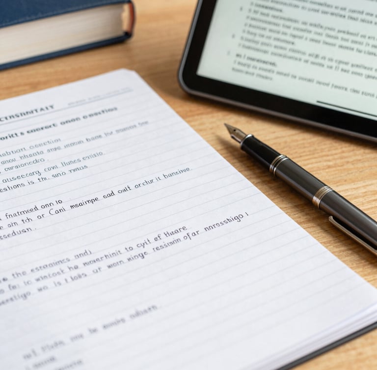 A close-up of handwritten civil services study notes on a wooden desk, a fountain pen resting beside a digital tablet displaying constitution articles, sharp focus.