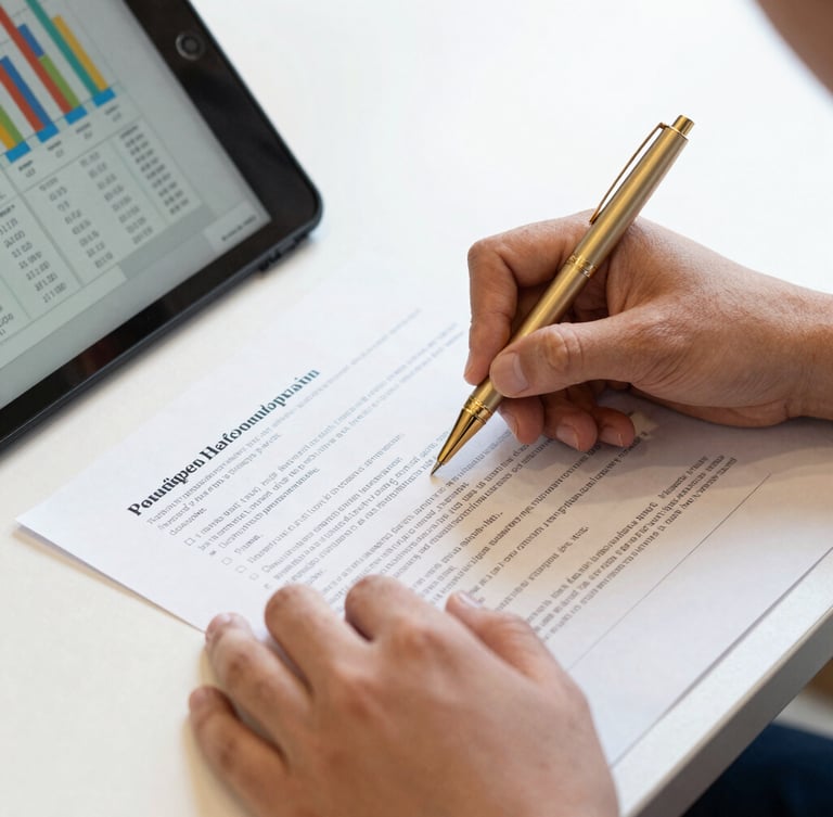 Close-up of a student's hands annotating a printed government report with a gold pen, a digital tablet displaying analytical charts nearby, bright natural library light