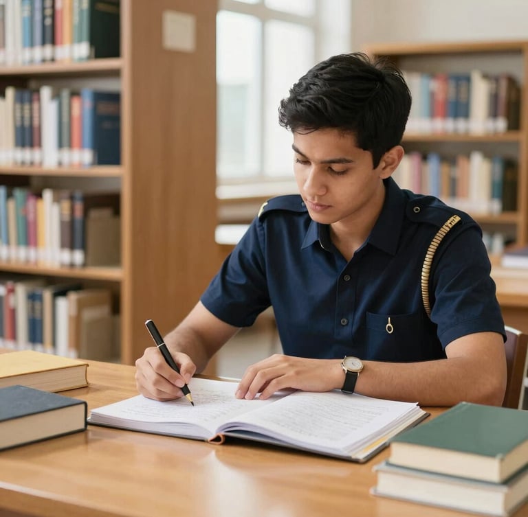 A focused civil services aspirant studying in a bright, natural library setting with handwritten notes and reference books, deep navy and warm gold tones, sharp focus, 50mm lens
