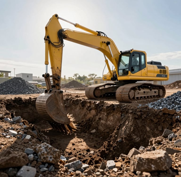 Low-angle shot of a heavy yellow excavator digging deep foundation trenches in dark rocky soil, gravel piles, sharp morning shadows, bright sunlight.